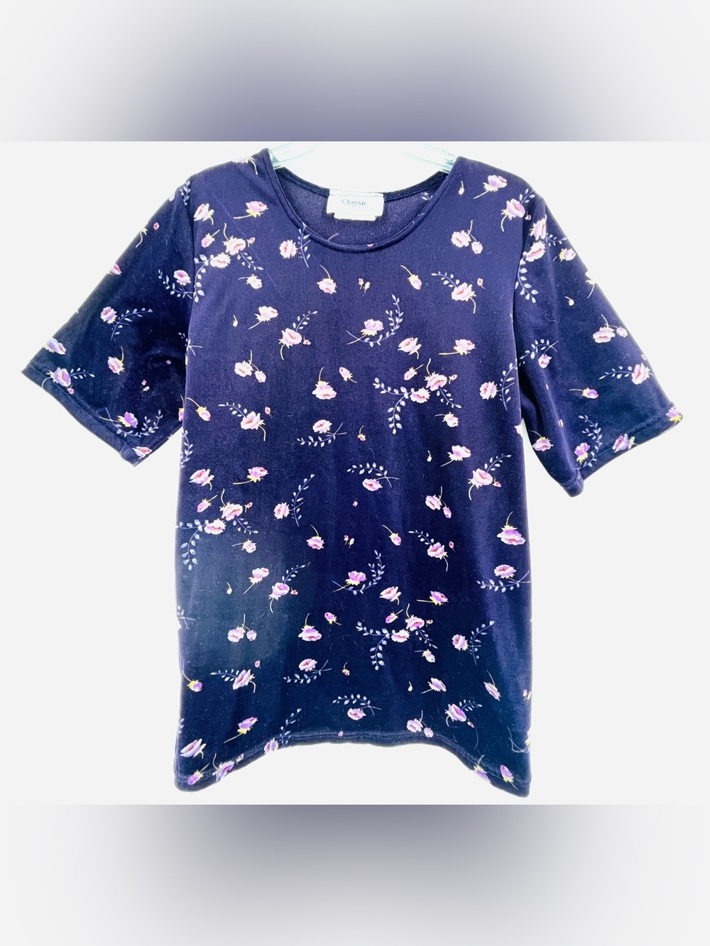 Vintage 90s Floral Velour Tee Short Sleeve Purple Top